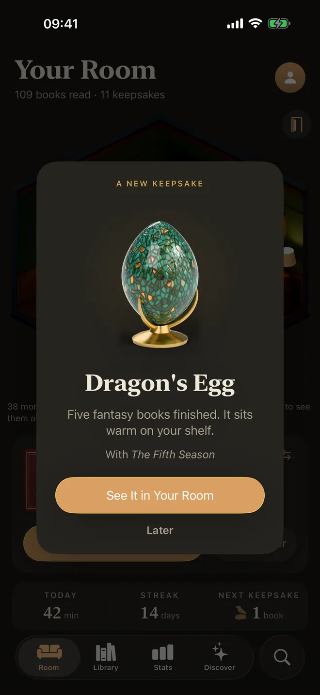 A new keepsake in Bookling: a dragon's egg for finishing five fantasy books.