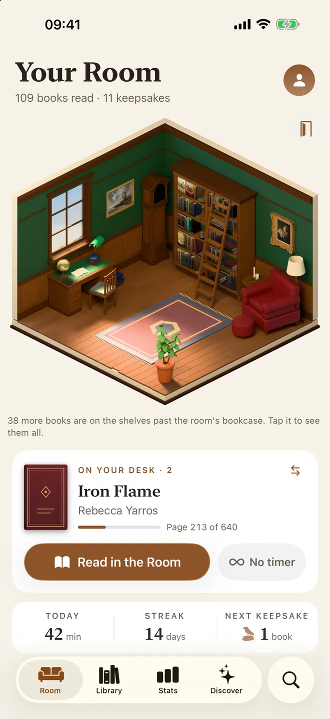 Bookling's room by day: a small 3D study with a bookcase, armchair and desk, and the book on the desk below.