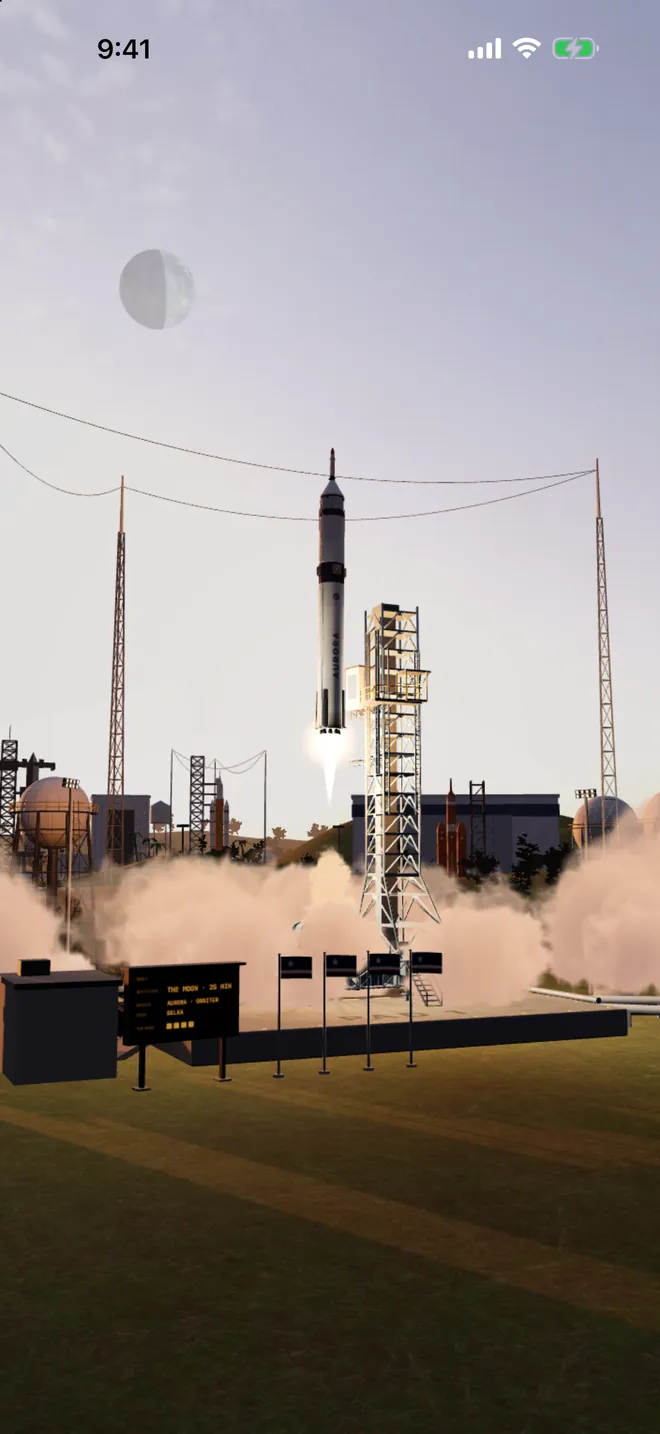 A rocket lifting off from the Moonhop spaceport, with the Moon in the sky.