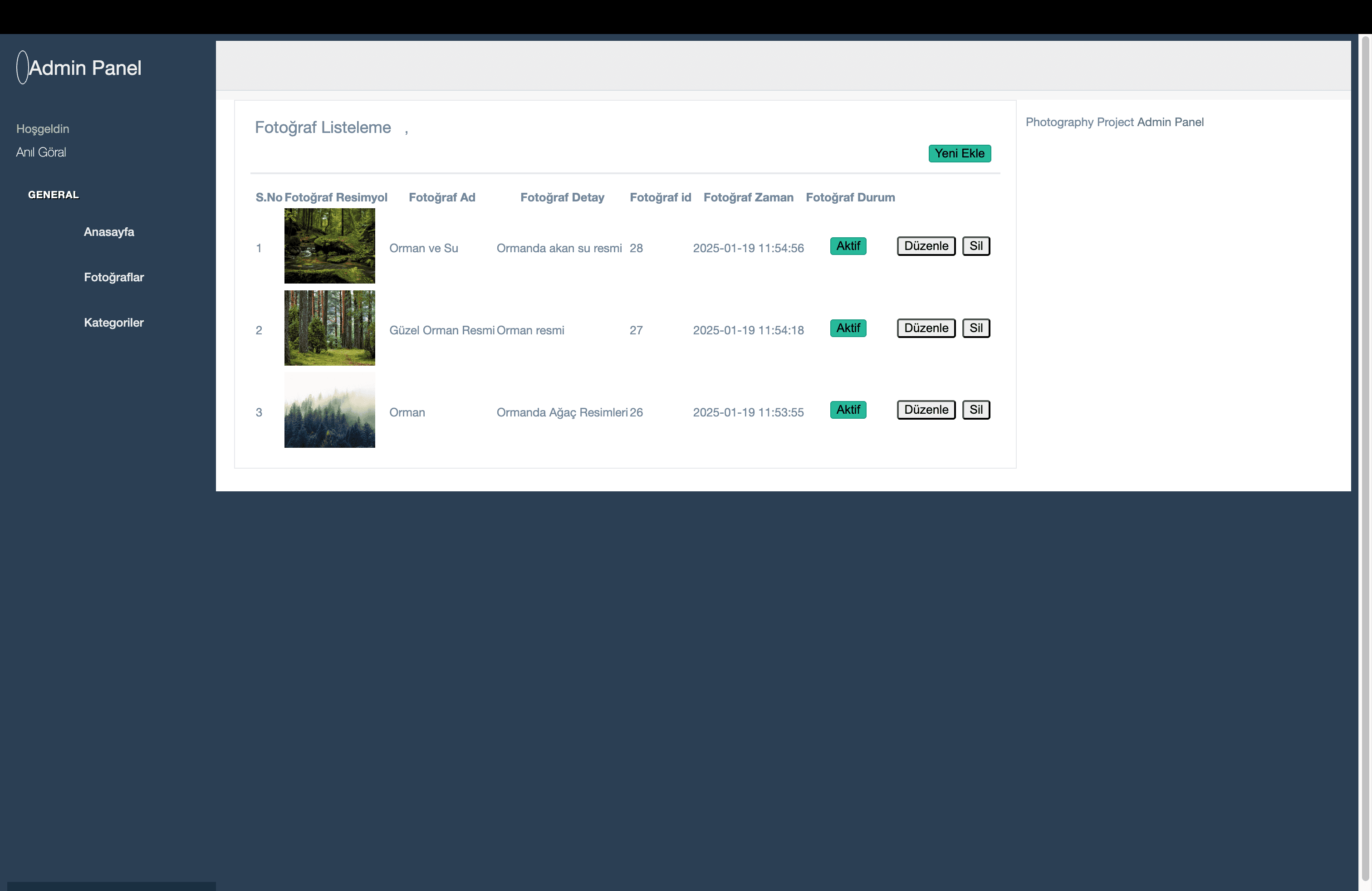 Photo gallery admin panel.